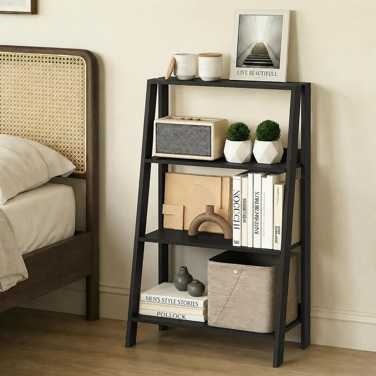 4-Tier Ladder Shelf, Black Ladder Book Shelf, Bookcase, Storage Shelves, Storage Rack, for Organization and Storage, Living Room, Home Office, Black Espresso