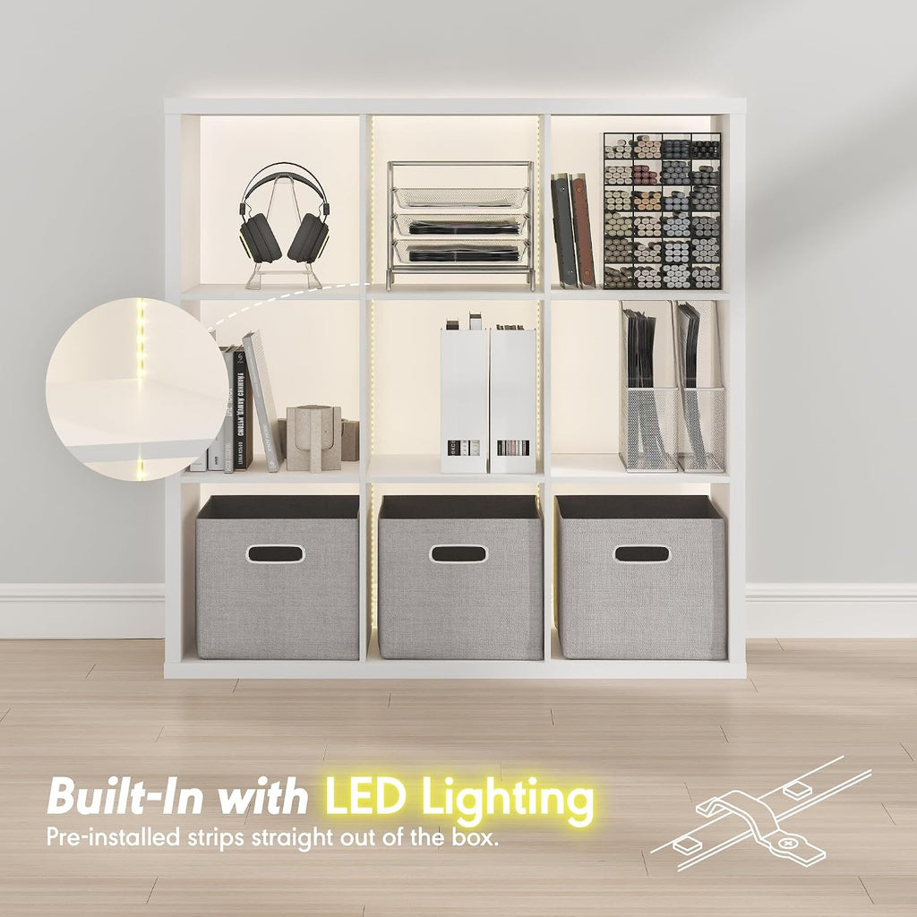 Cubicle Book Shelf with LED Lights, 9-Cube Bookshelf, Reversible Extra Thick Frame Bookcase, Display Storage Shelves, for Living Room, Bedroom, Home Office, White
