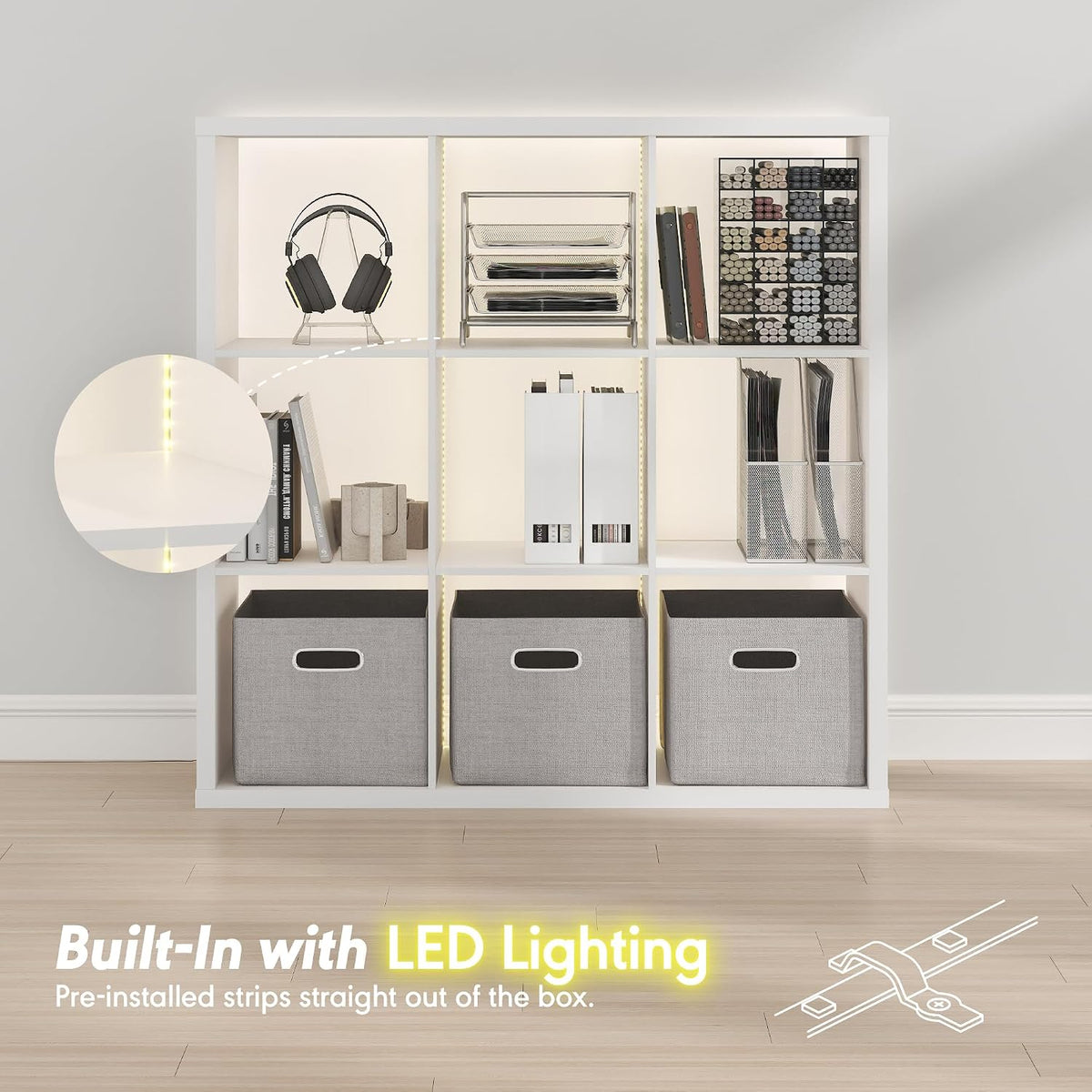 Cubicle Book Shelf with LED Lights, 9-Cube Bookshelf, Reversible Extra Thick Frame Bookcase, Display Storage Shelves, for Living Room, Bedroom, Home Office, White