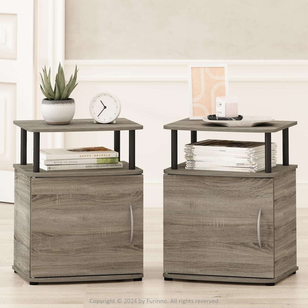 ANDREY Set of 2 Square 2-Tier Side Table, End Table, French Oak