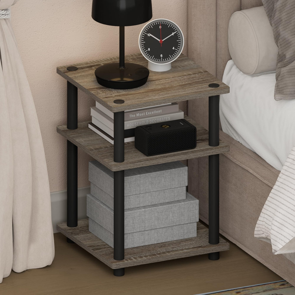 ANDREY Set of 2 Square 2-Tier Side Table, End Table, French Oak