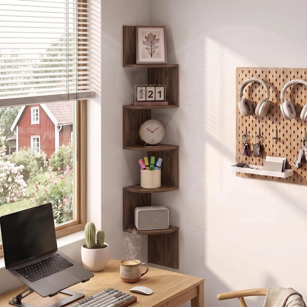 Rossi 5-Tier Corner Floating Book Shelves for Wall, Columbia Walnut