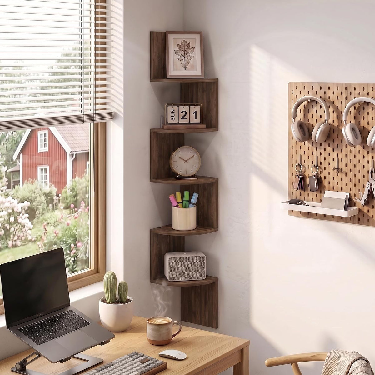 Rossi 5-Tier Floating Corner Shelf for Wall, Corner Zigzag Shelf Wall Mounted, Radial Wall Mount Shelves, for Home Office, Living Room, Bedroom, Bathroom, Columbia Walnut