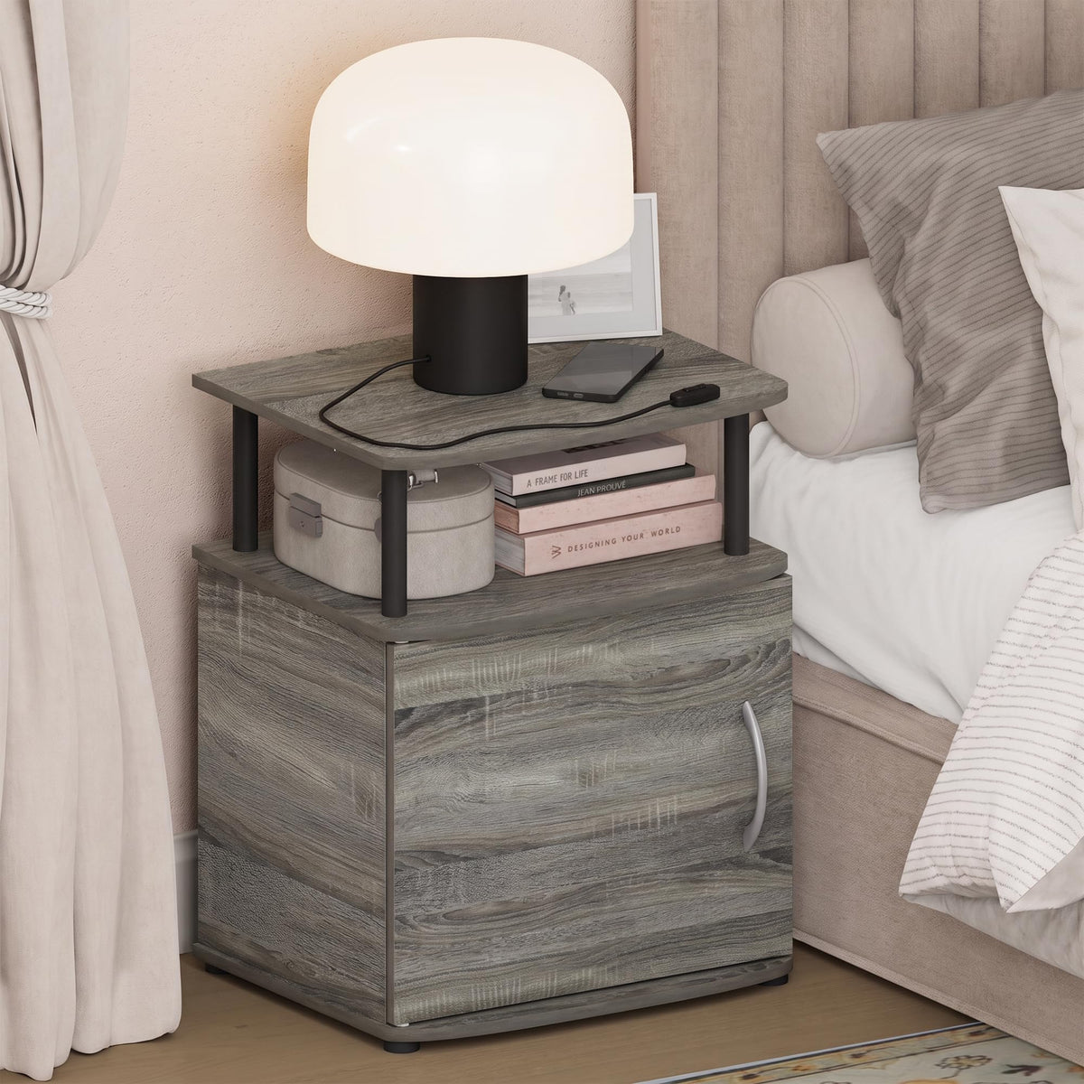 ANDREY Set of 2 Square 2-Tier Side Table, End Table, French Oak