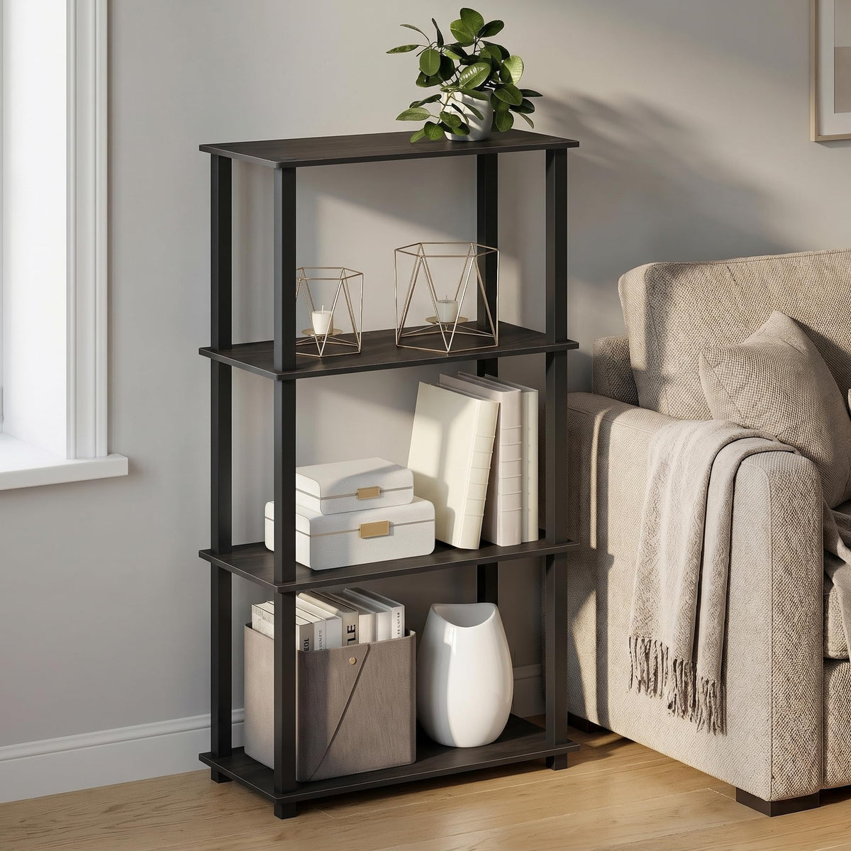 99152BE/WH/IV 3-Tier Go Green Multipurpose Storage Rack Shelving Unit Bookshelf Cabinet with 2 Bins, Beech Finish