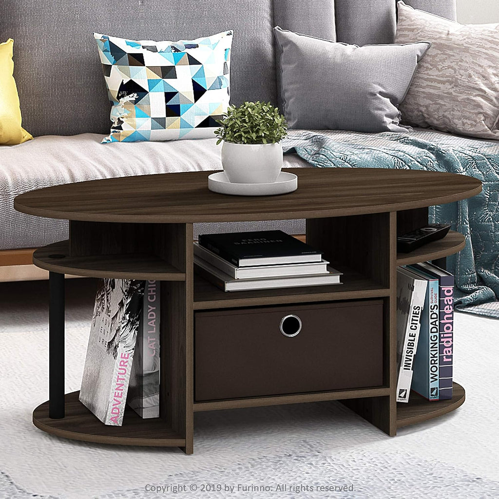 Jaya Simple Design Oval Coffee Table with Bin for Living Room, Columbia Walnut/Black/Dark Brown