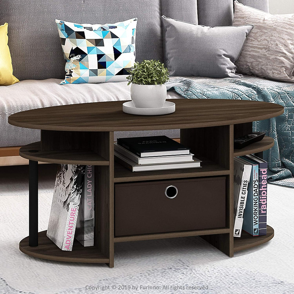 Jaya Simple Design Oval Coffee Table with Bin for Living Room, Columbia Walnut/Black/Dark Brown