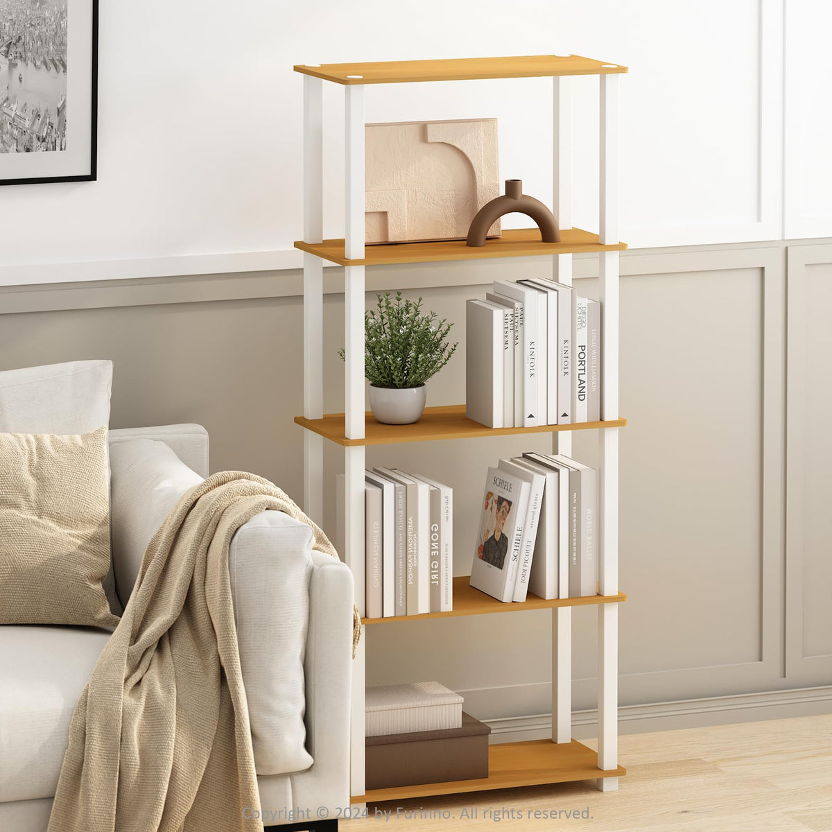 99152BE/WH/IV 3-Tier Go Green Multipurpose Storage Rack Shelving Unit Bookshelf Cabinet with 2 Bins, Beech Finish