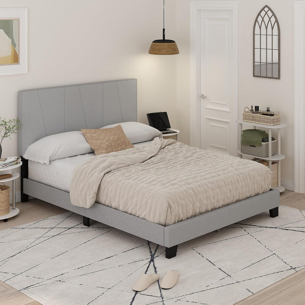 Lucy Bed Frame, Queen Size Bedframe with Geometric Design Upholstered Headboard, Bed with Adjustable Headboard, No Box Spring Needed, 12pcs Wooden Slat Support, for Bedroom, Dorm, Glacier