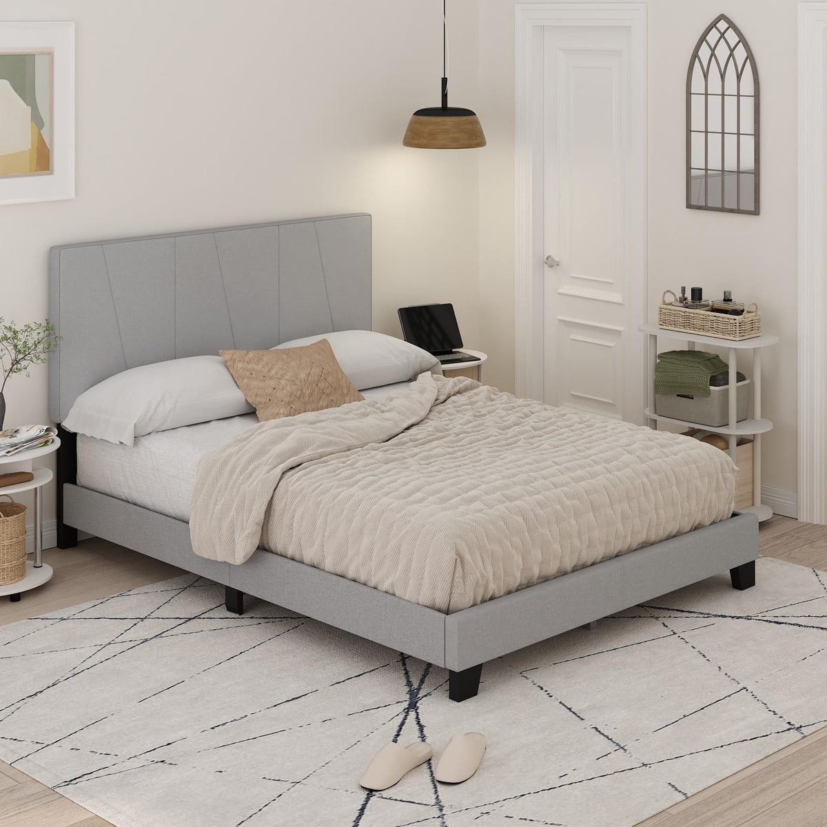 Lucy Bed Frame, King Size Bedframe with Geometric Design Upholstered Headboard, Bed with Adjustable Headboard, No Box Spring Needed, 12pcs Wooden Slat Support, for Bedroom, Dorm, Glacier