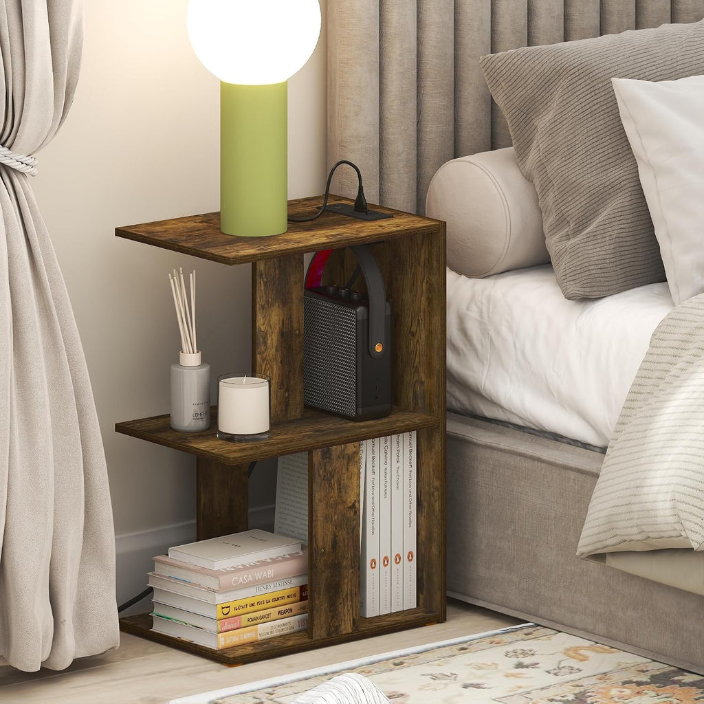 BOYATE 2-Tier Night Stand with Charging Station, Amber Pine