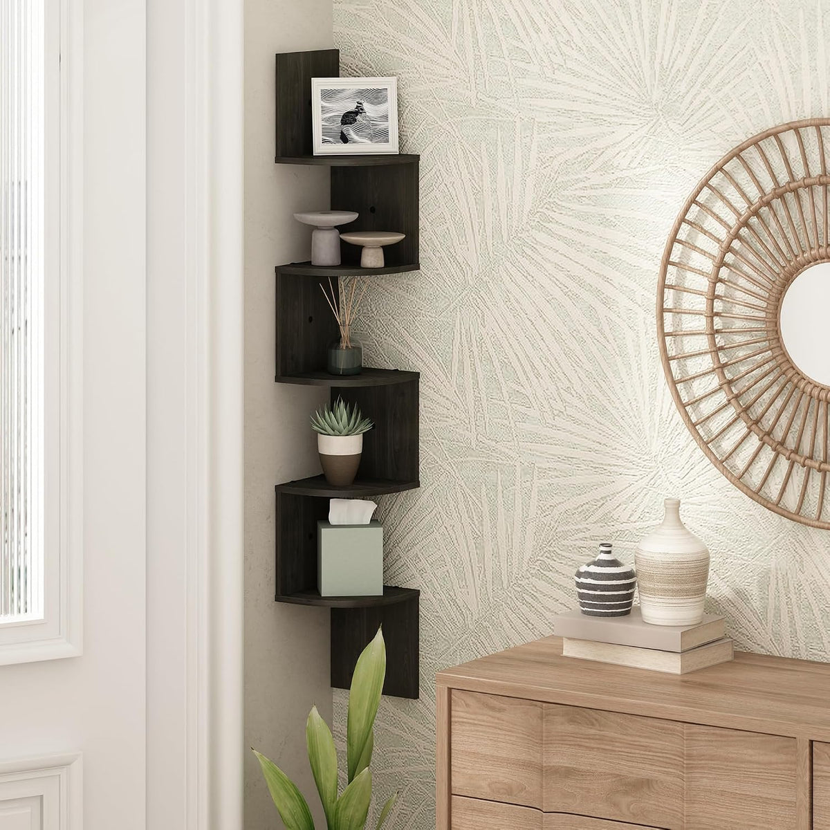 Rossi 5-Tier Floating Corner Shelf for Wall, Corner Zigzag Shelf Wall Mounted, Radial Wall Mount Shelves, for Home Office, Living Room, Bedroom, Bathroom, Espresso