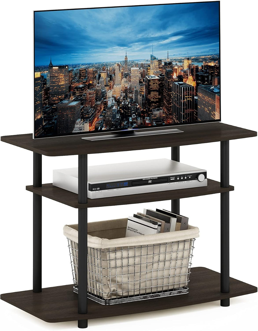 Turn-N-Tube No Tools 3-Tier Entertainment Center TV Stand for TV up to 32 Inch, Plastic Round Tubes, Dark Brown/Black
