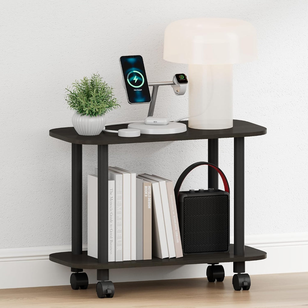 Turn-N-Tube Night Stand, 2-Tier Oval Nightstand with Wheels, Round Corner Side Table, End Table with Open Shelf, Toolless Assembly, for Living Room, Bedroom, Espresso