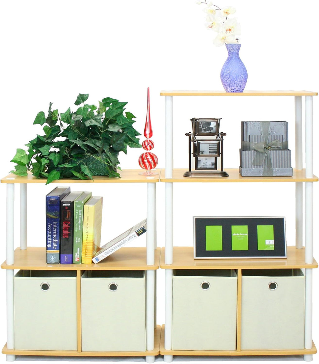 99152BE/WH/IV 3-Tier Go Green Multipurpose Storage Rack Shelving Unit Bookshelf Cabinet with 2 Bins, Beech Finish