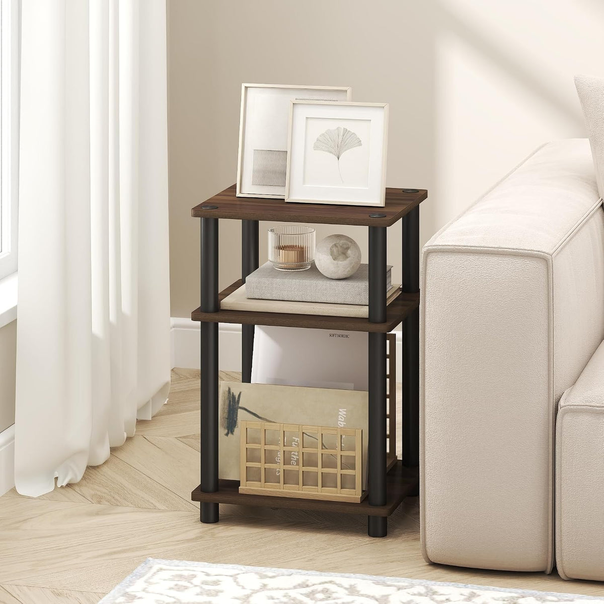 Turn-N-Tube 3-Tier Toolless Side Table, Compact, Brown Walnut