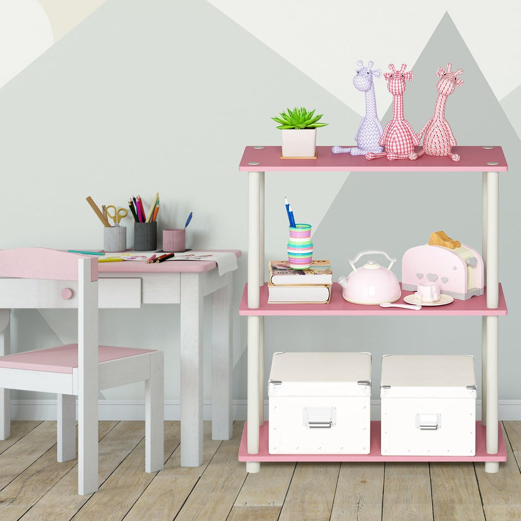 TURN-N-TUBE Storage Shelves, 3-Tier Book Shelf, Corner Shelf, Toolless Open Shelves, for Organization and Storage, Living Room, Garage, Home Office, Pink