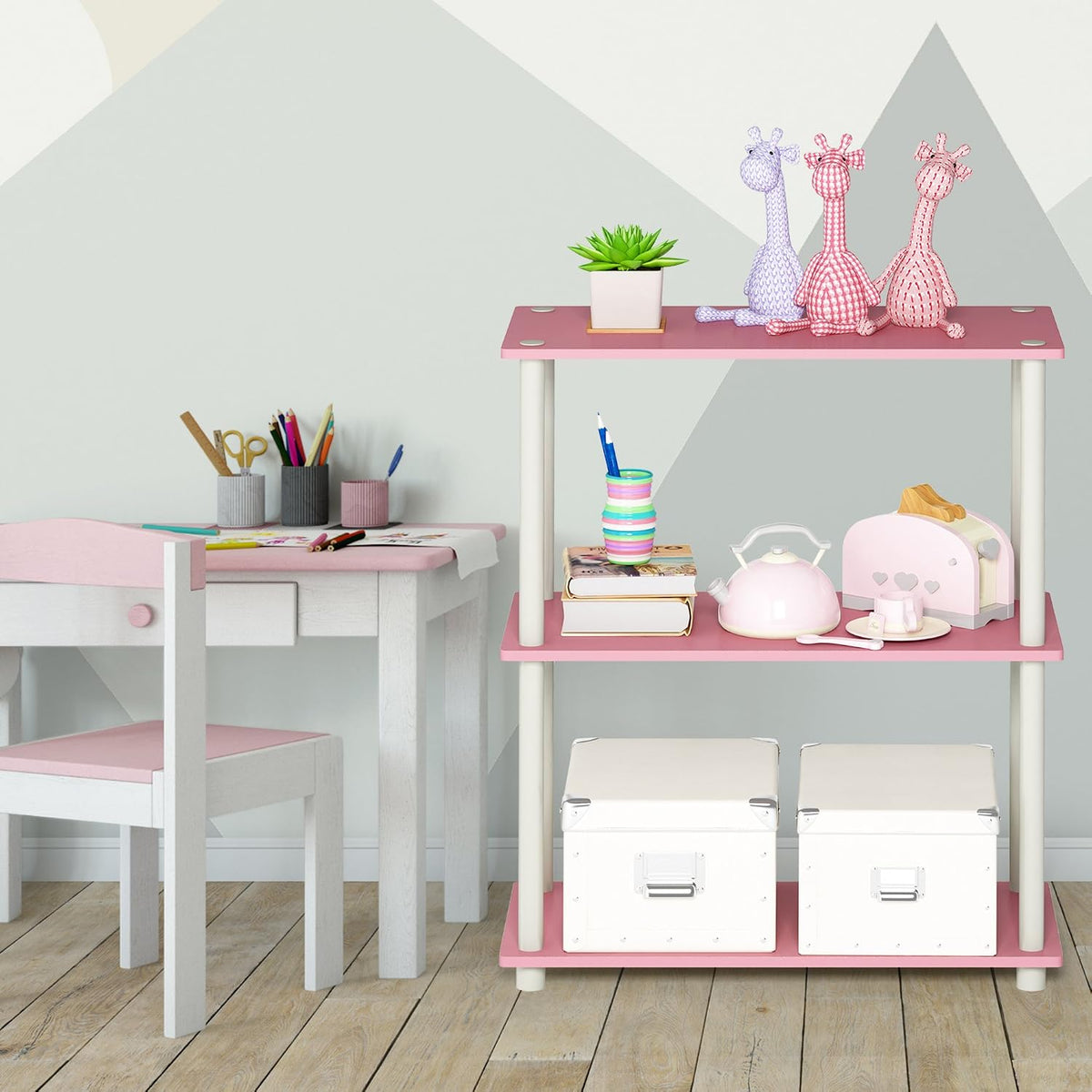 TURN-N-TUBE Storage Shelves, 3-Tier Book Shelf, Corner Shelf, Toolless Open Shelves, for Organization and Storage, Living Room, Garage, Home Office, Pink