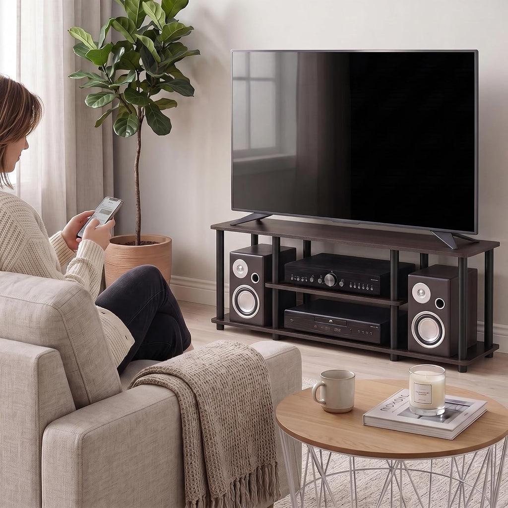 Turn-N-Tube No Tools 3D 3-Tier Entertainment TV Stand up to 50 inch TV, Round Tubes, Dark Brown / Black