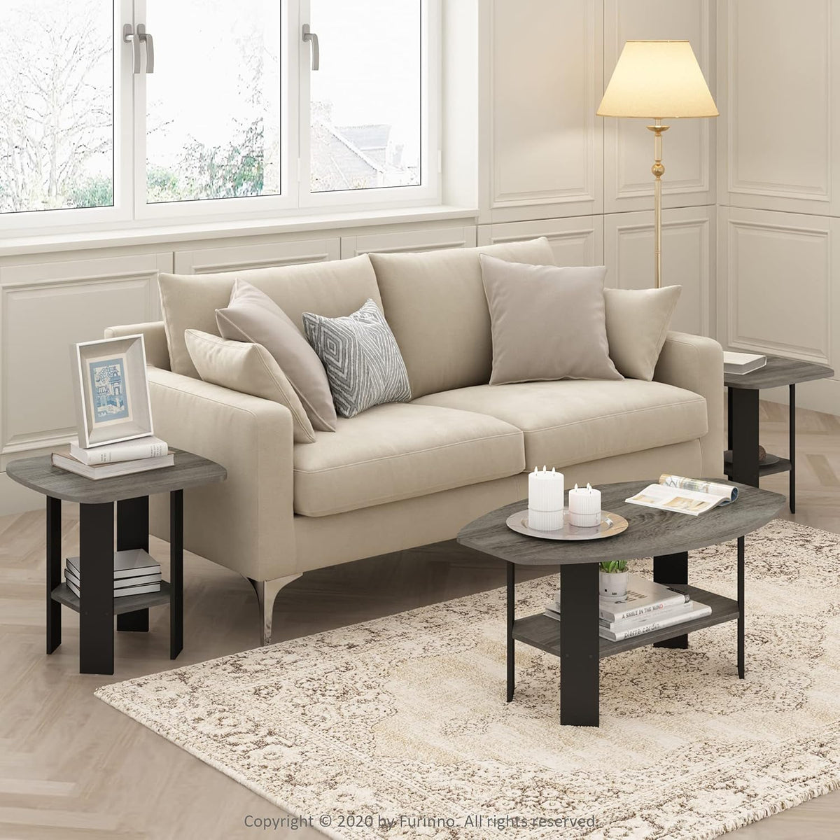 SIMPLE DESIGN Set of 2 Side Table, 2-Tier End Table, French Oak