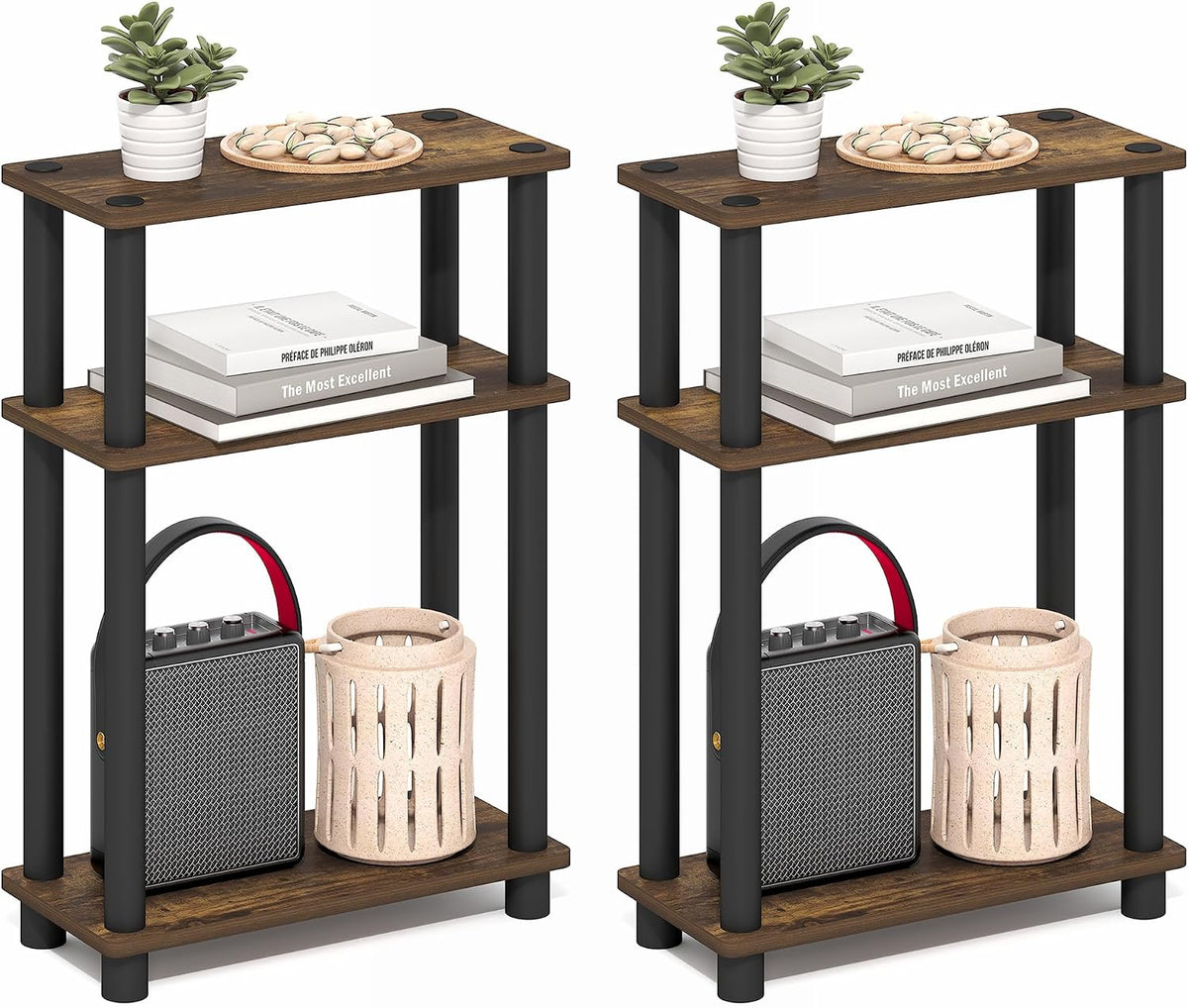 TURN-N-TUBE Set of 2 Narrow 3-Tier Side Tables, Amber Pine