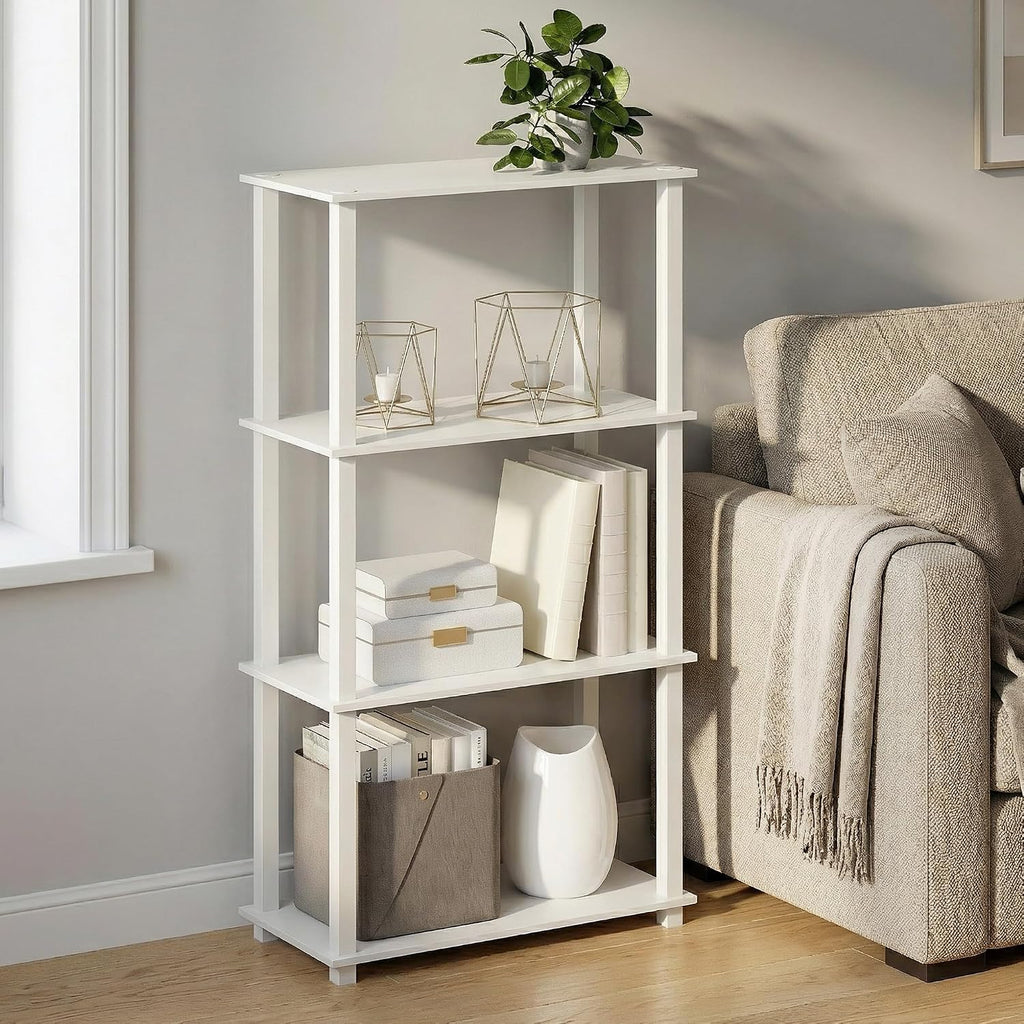 Turn-S-Tube Storage Shelves, 4-Tier Book Shelf, Corner Shelf, Toolless Open Frame Standing Shelves, for Organization and Storage, Living Room, Garage, Home Office, White