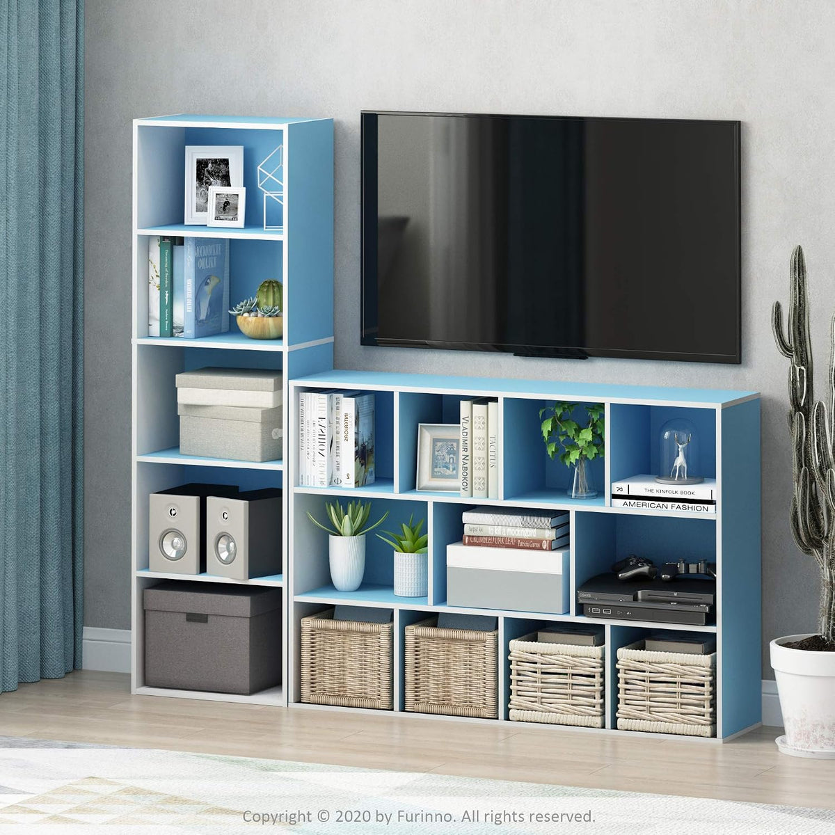 LUDER Book Shelf, 5-Tier Bookshelf, Bookcase with Open Shelves, 9.4 x 15.8 x 52, Easy Assembly, for Living Room, Bedroom, Home Office, White/Light Blue