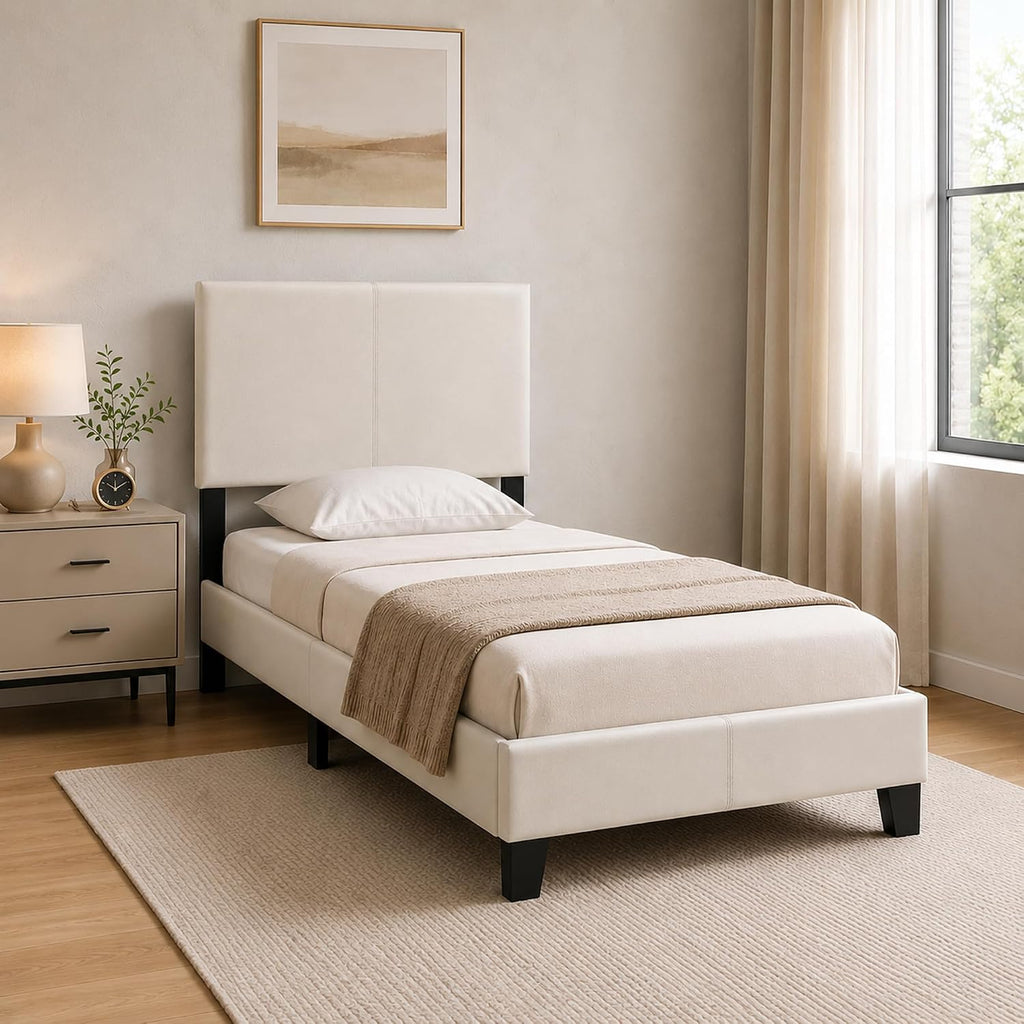 PESSAC Bed Frame, Twin Size Bedframe with PU Leather Upholstery Headboard, Bed with Legs, Wooden Slat Support, Easy Assembly, for Bedroom, Dorm, Plain White