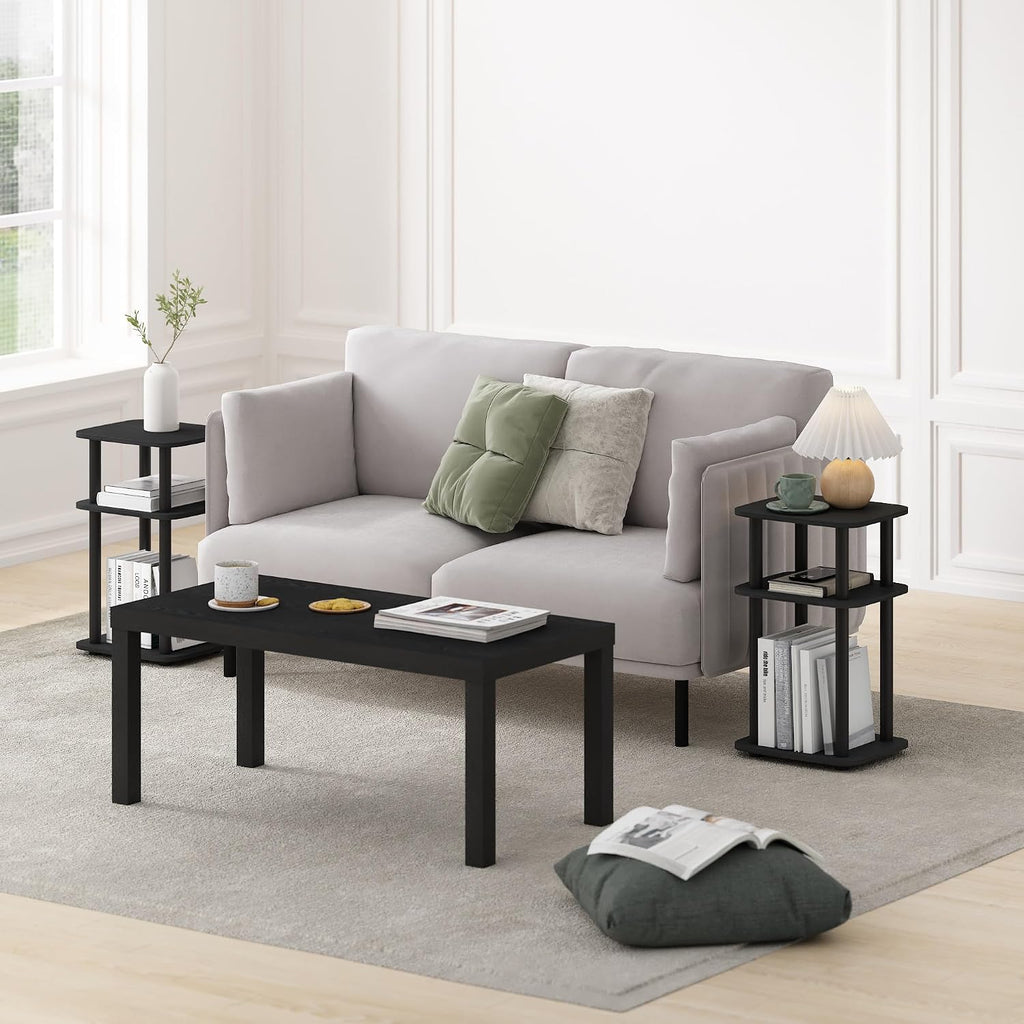 JUST 3-Tier Telephone Table Set of 2, Turn-N-Tube Toolless Side Table with Open Shelf, Round Curve Corner Night Stand, Bedside Table, for Living Room, Bedroom, Americano