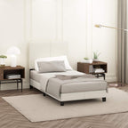 PESSAC Bed Frame, Twin Size Bedframe with PU Leather Upholstery Headboard, Bed with Legs, Wooden Slat Support, Easy Assembly, for Bedroom, Dorm, Plain White