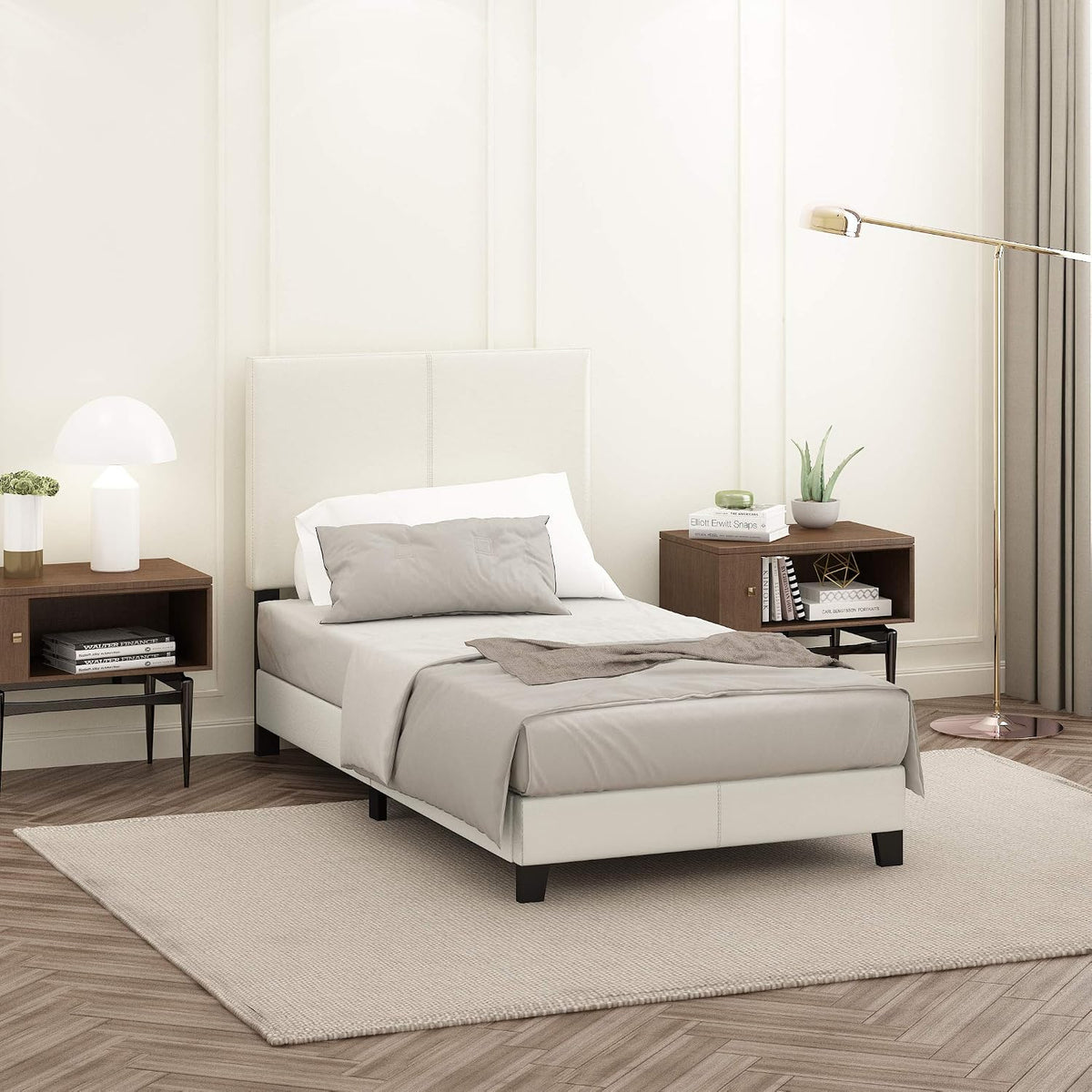 PESSAC Bed Frame, Twin Size Bedframe with PU Leather Upholstery Headboard, Bed with Legs, Wooden Slat Support, Easy Assembly, for Bedroom, Dorm, Plain White