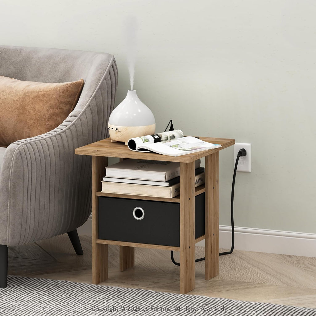 Andrey USB and Type-C Port Charging Station End Table with Storage Bin, 15.55 (W) x 12.56 (H) x 8.5 (D) inches, Flagstaff Oak/Black