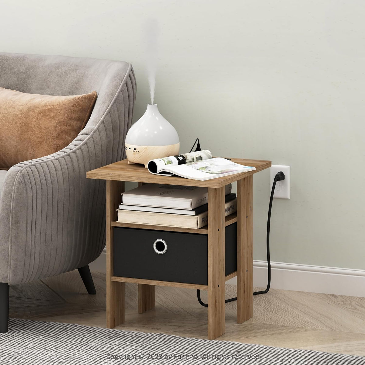 Andrey USB and Type-C Port Charging Station End Table with Storage Bin, 15.55 (W) x 12.56 (H) x 8.5 (D) inches, Flagstaff Oak/Black