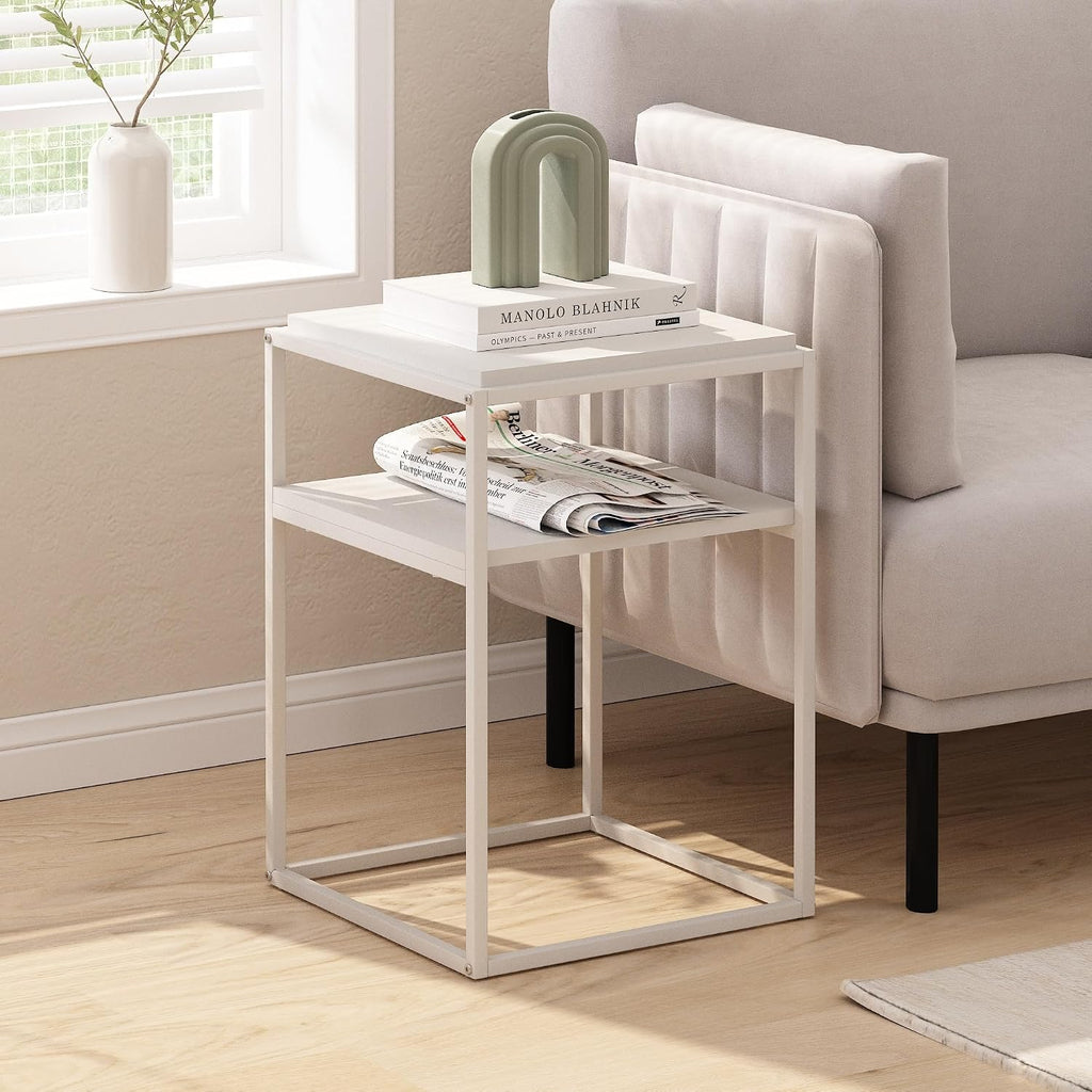 Moretti Side Table, 2-Tier Stackable Metal Frame End Table with Open Shelf, Night Stand, Bedside Table, Toolless Assembly, for Living Room, Bedroom, Solid White