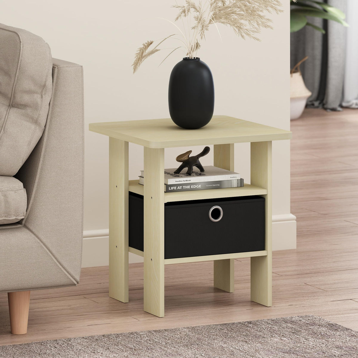 Andrey 3-Tier Square Side Table with Storage Bin, Light Oak
