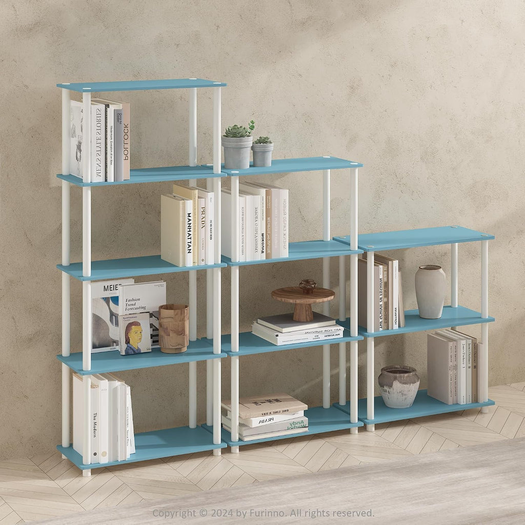 Turn-N-Tube Book Shelf, 5-Tier Bookshelf, Bookcase with Multipurpose Compact Display Rack, 11.6 x 23.6 x 57.4, for Living Room, Bedroom, Home Office, Light Blue/White