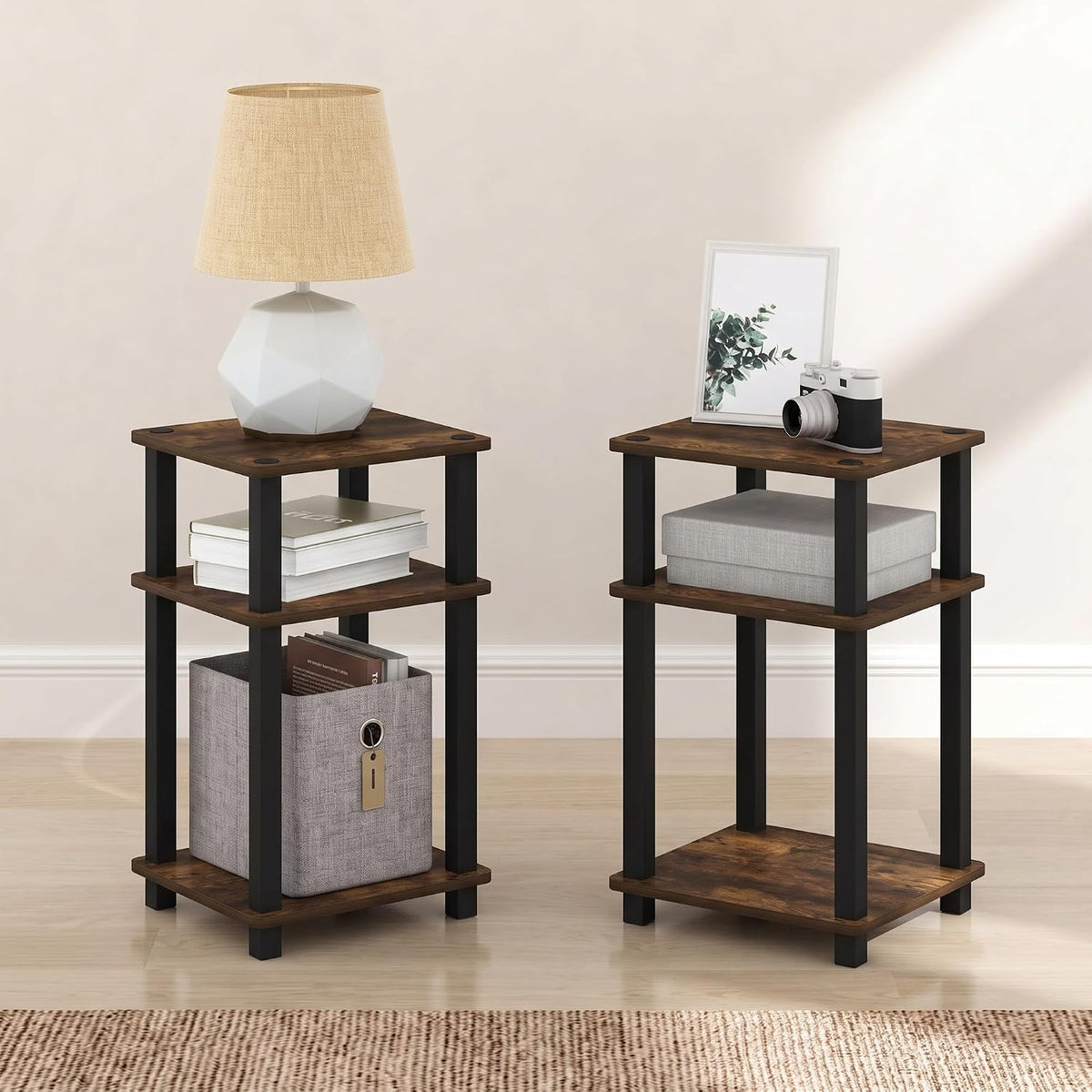 JUST Set of 2 3-Tier Open Shelf Night Stand, Amber Pine