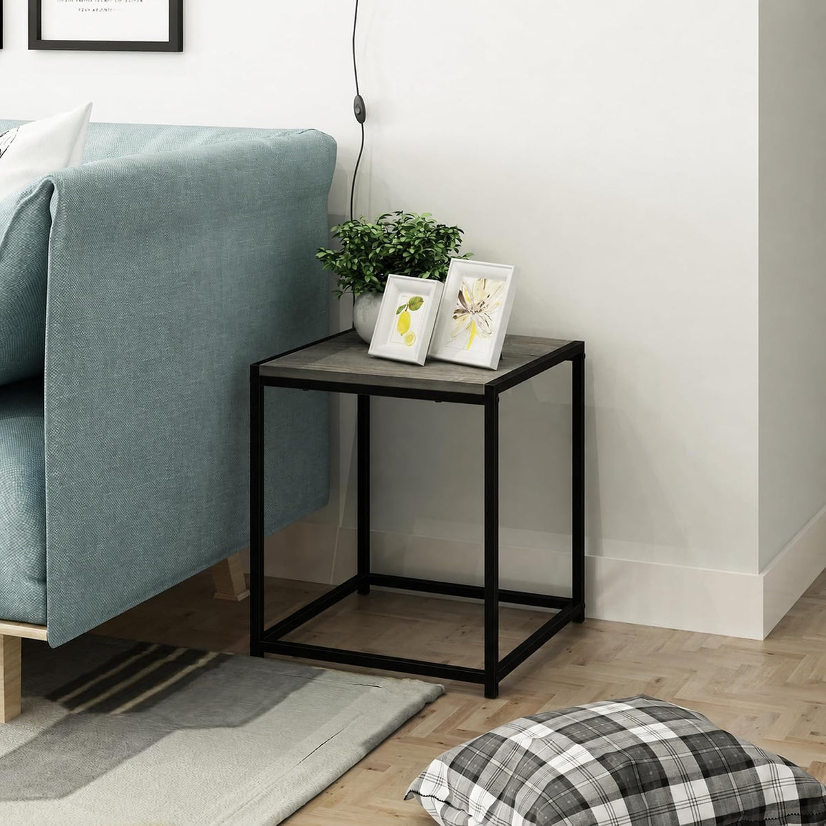 Camnus Side Table, Metal Frame Modern End Table, Grey Oak
