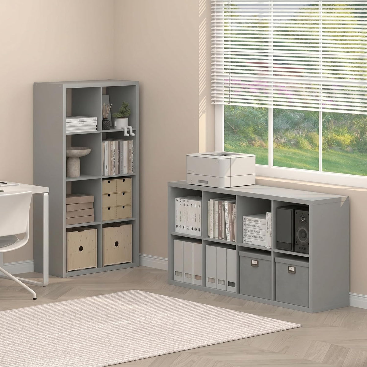 Cubicle Book Shelf Set of 2, 8-Cube Bookshelf, Light Grey