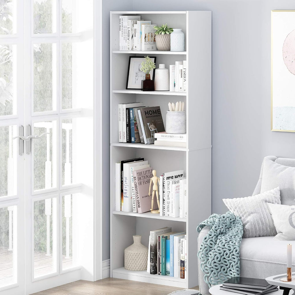 Jaya 5-Tier Book Shelf with Adjustable Shelves, Plain White