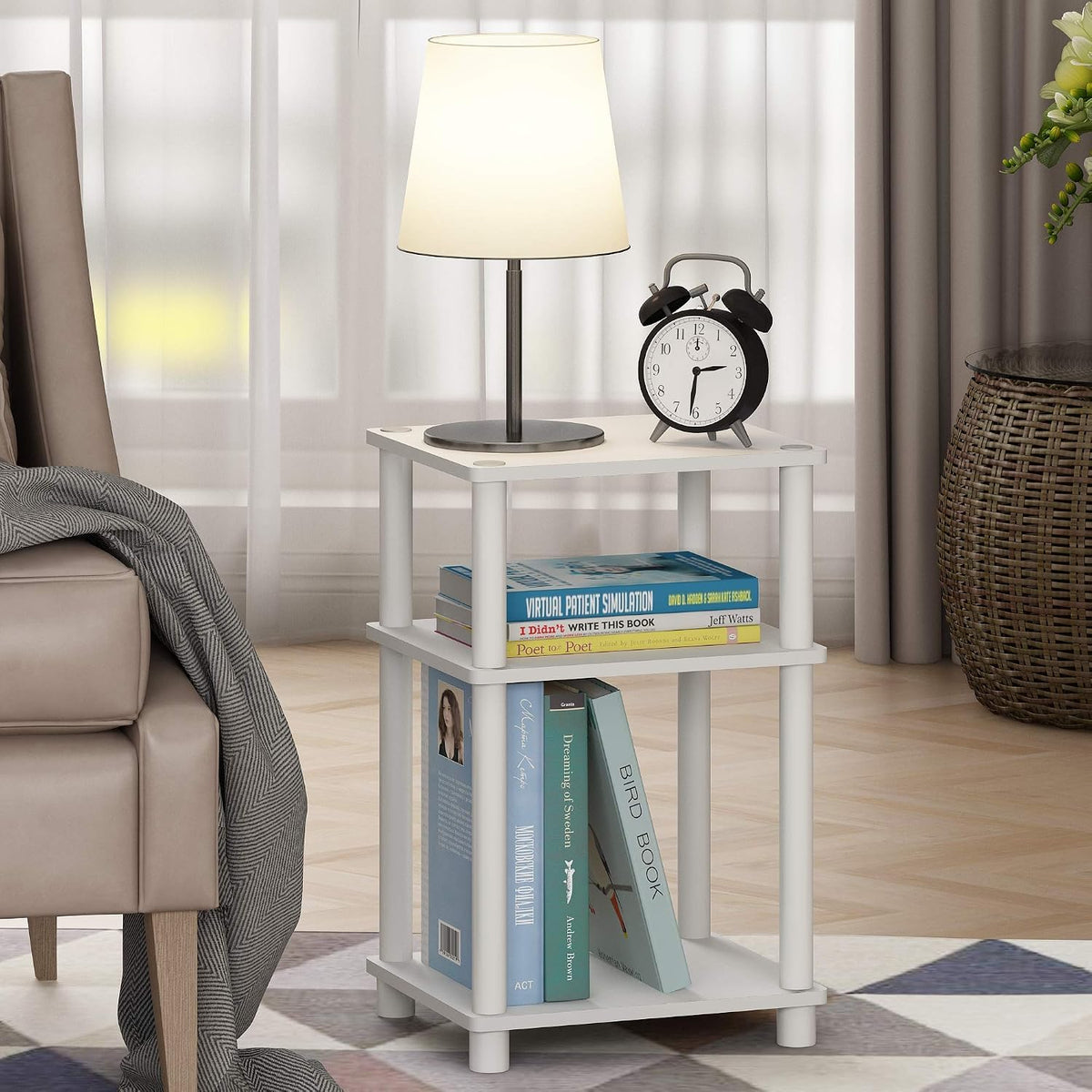 JUST Set of 2 Toolless Assembly 3-Tier Side Table, Plain White