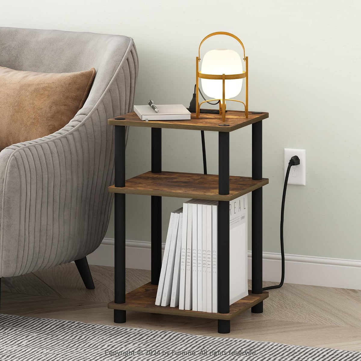 JUST Side Table, 3-Tier Modern End Table with Charging Station, Easy Assembly Night Stand, Bedside Table with USB and Type-C Port, for Living Room, Bedroom, Amber Pine