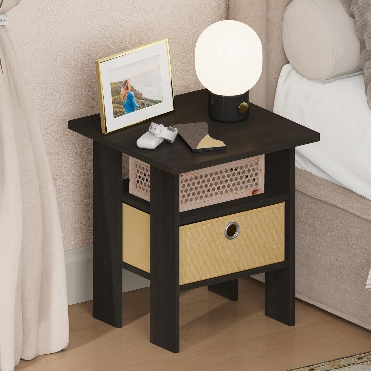 TIDUR 3-Tier Night Stand, Nightstand with Storage Bin, Espresso