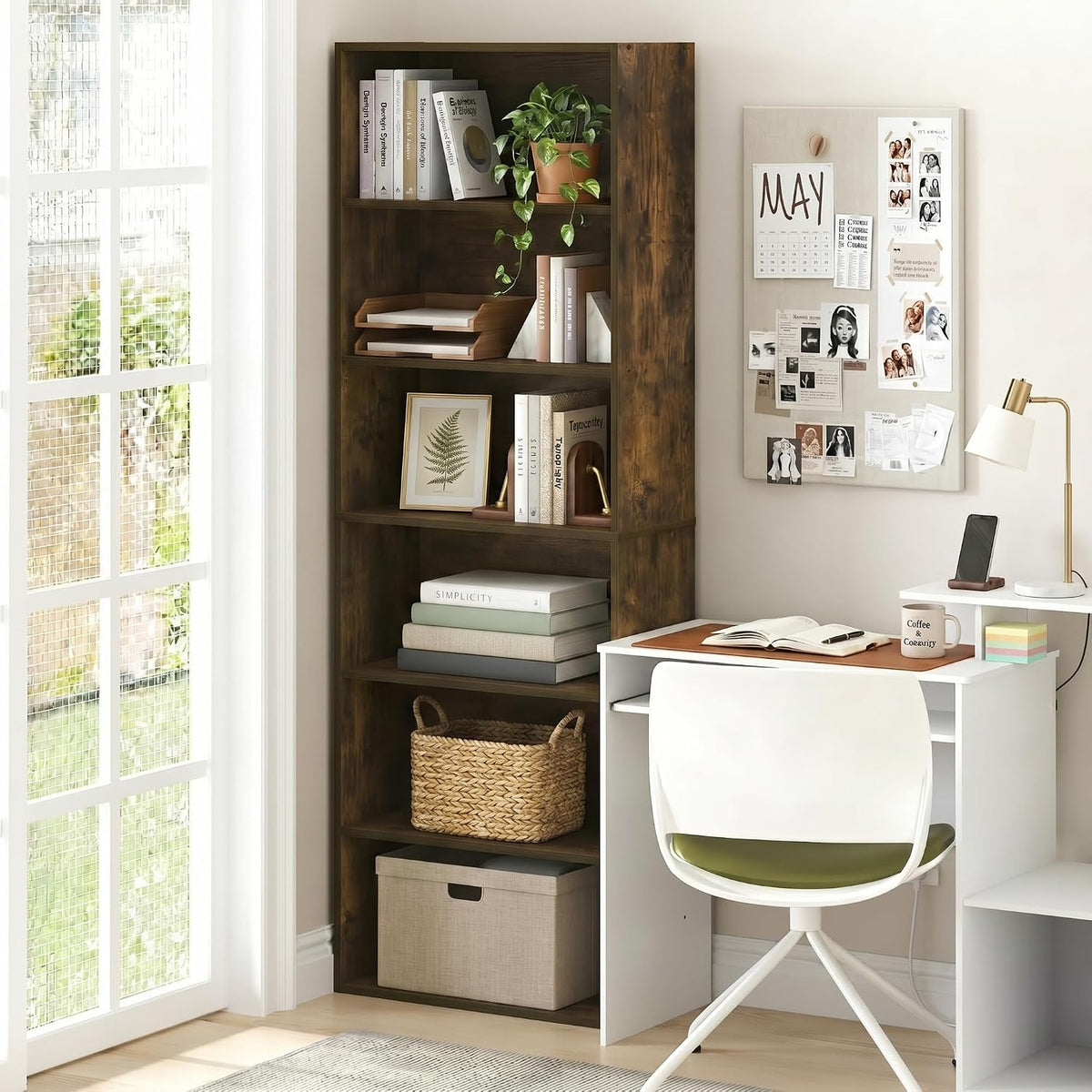 PASIR 6-Tier Book Shelf, Open Shelves Bookshelf, Amber Pine
