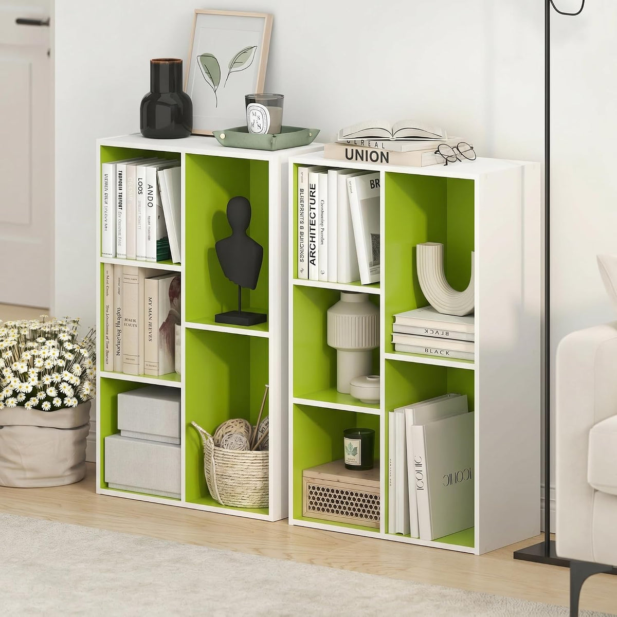 LUDER Set of 2 Book Shelf, 5-Cube, White/Green