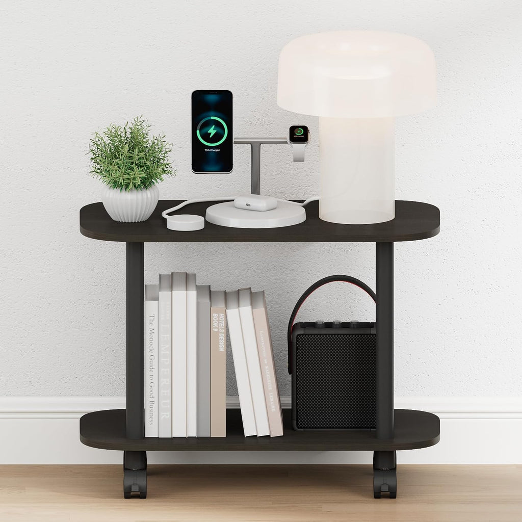 Turn-N-Tube Night Stand, 2-Tier Oval Nightstand with Wheels, Round Corner Side Table, End Table with Open Shelf, Toolless Assembly, for Living Room, Bedroom, Espresso