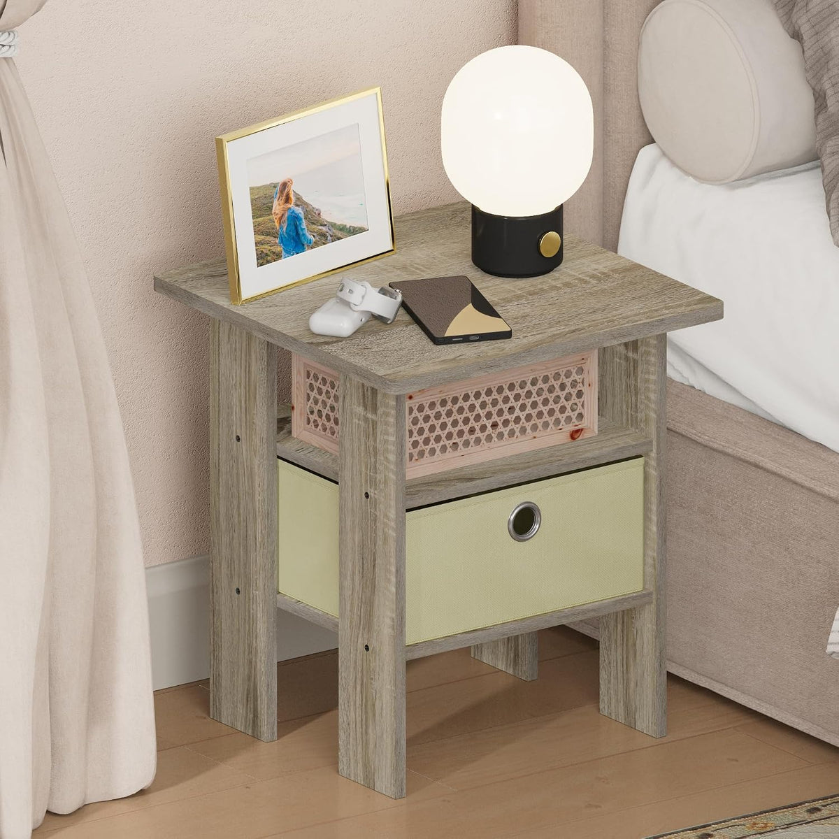 TIDUR 3-Tier Night Stand, Nightstand with Storage Bin, Sonoma Oak