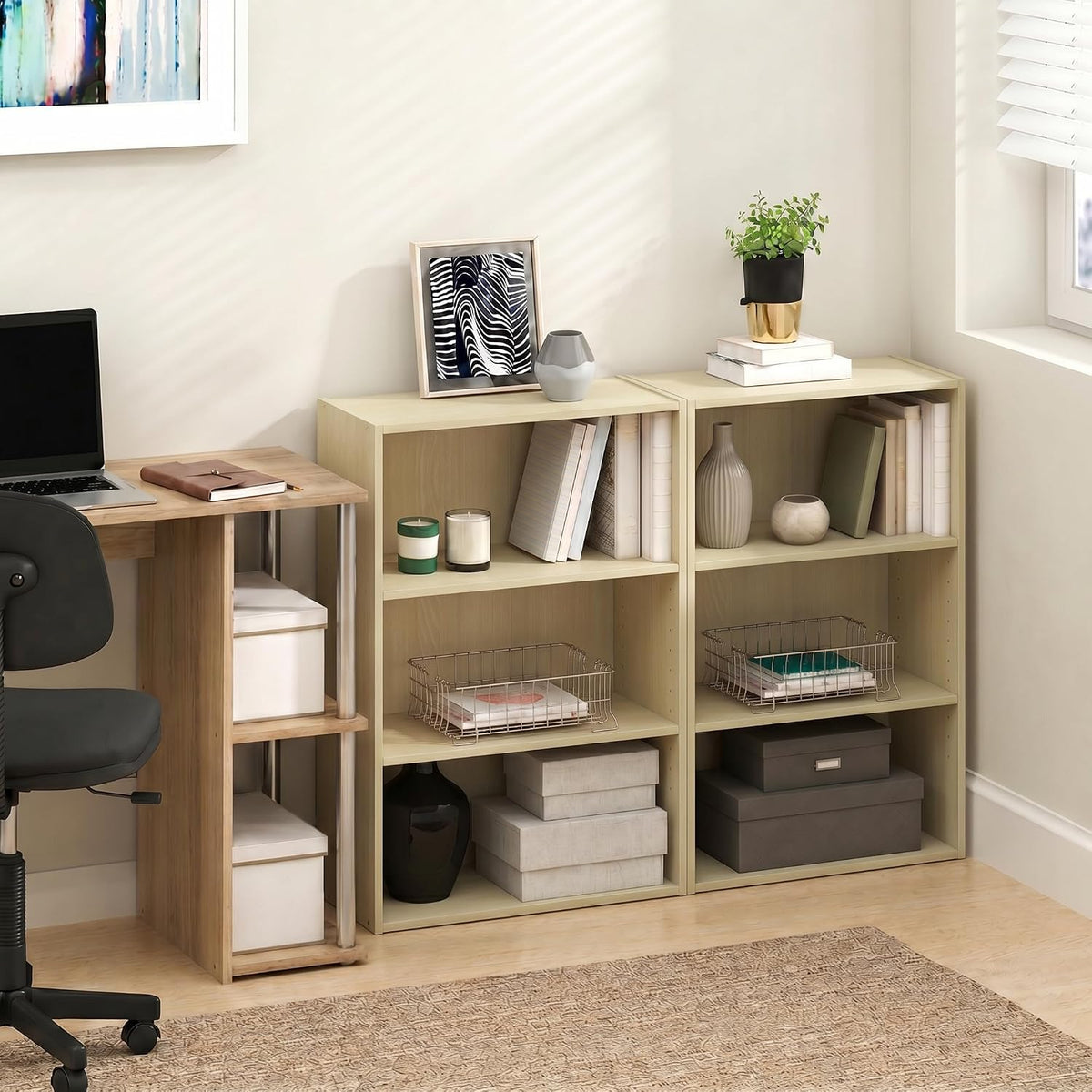 PASIR Set of 2 3-Tier Book Shelf, Steam Beech