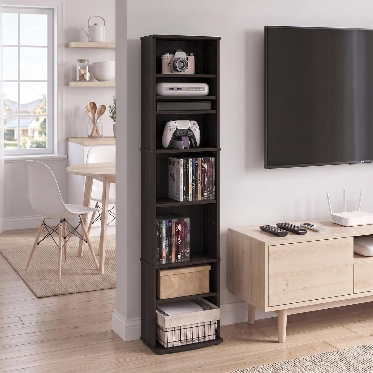 JAYA DVD Shelf, 8-Tier Tall Narrow CD Rack, Media Shelf with Adjustable Shelves, DVD Storage Cabinets for CD Bluray Game Disc, Easy Assembly, for Living Room, Home Office, Espresso