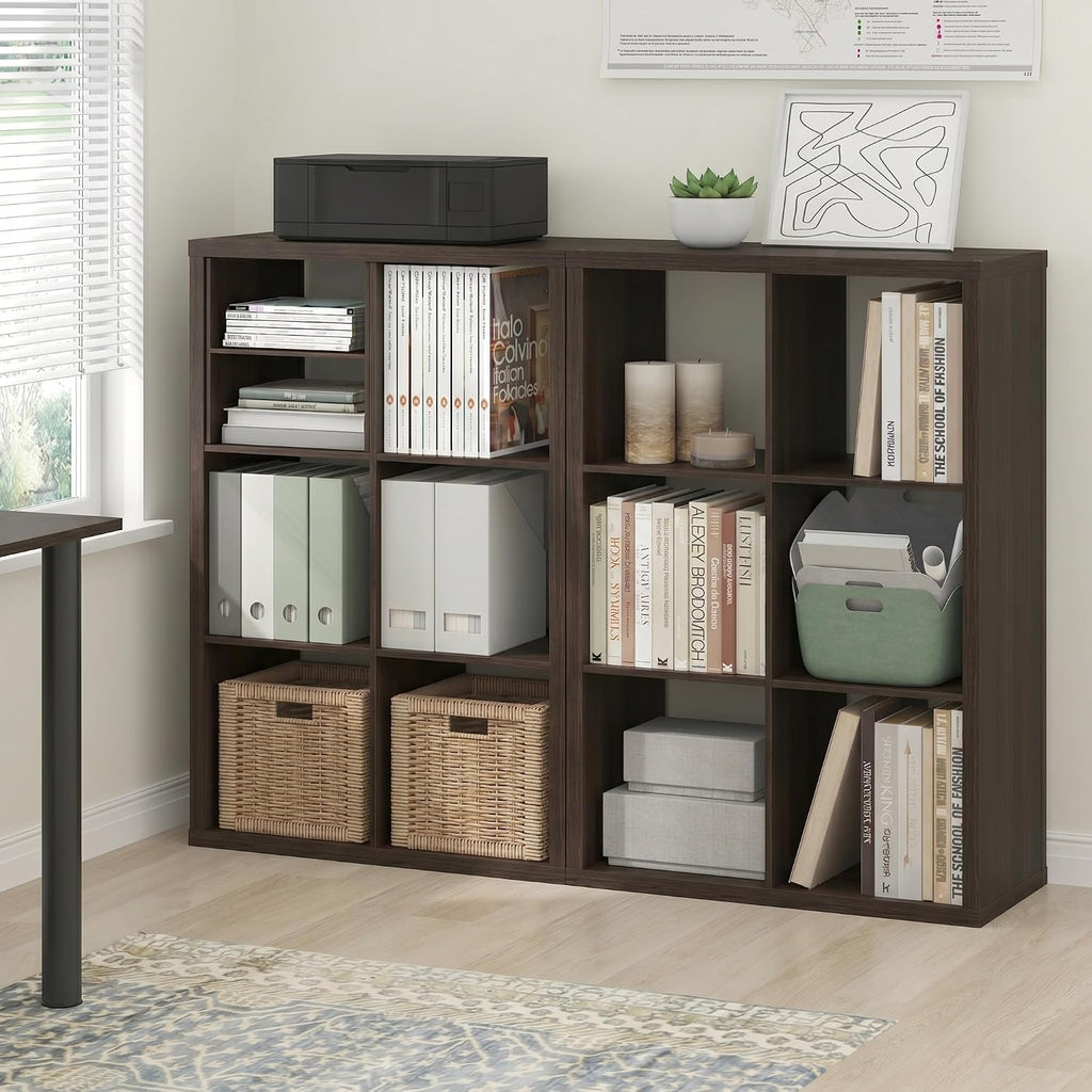 Cubicle Book Shelf Set of 2, 6-Cube Bookshelf, Black Dark Oak